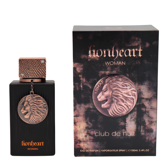 Armaf Lionheart Woman 100ml Eau De Parfum in a matte black rectangular bottle with a copper lion medallion, shown next to its matching "Club de Nuit" themed black and copper packaging.