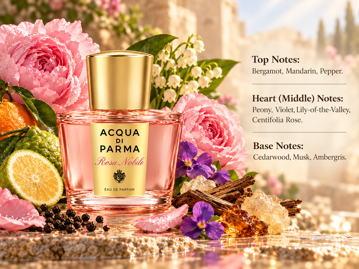 Acqua di Parma Rosa Nobile Eau de Parfum bottle in an elegant floral setting with Centifolia roses, bergamot, mandarin, violet, lily of the valley and warm woody accents, reflecting its refined floral, citrus and softly musky fragrance profile.