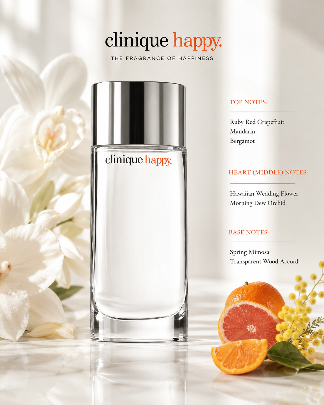 Clinique Happy fragrance bottle centered on a light reflective surface, surrounded by white flowers, grapefruit slices, and small yellow blossoms. The bottle is clear with a reflective silver cap, and the Clinique Happy branding is visible on the bottle and in the top of the image.