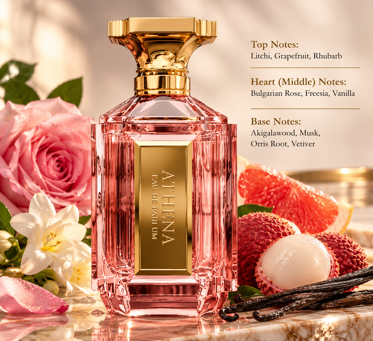 Athena Eau de Parfum presented in a luxurious floral-fruity composition with lychee, grapefruit, Bulgarian rose and vanilla, reflecting its bright, feminine profile with soft musk, vetiver and woody nuances.
