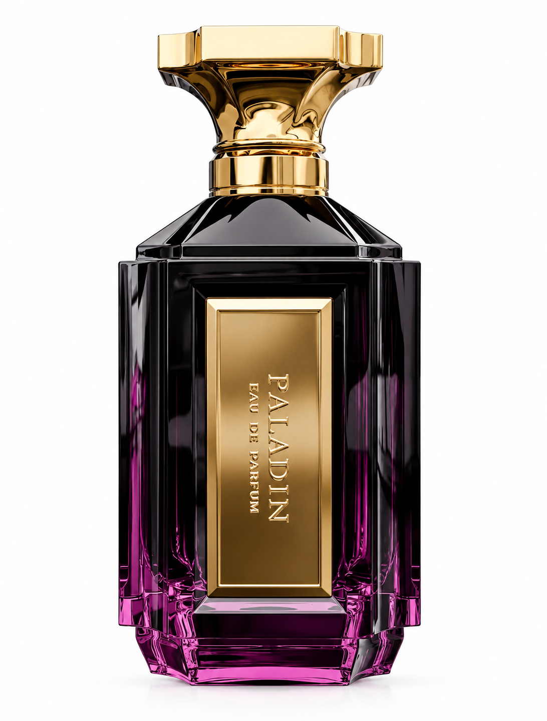 Paladin Eau de Parfum in a luxurious black-to-deep-purple faceted glass bottle with a sculptural gold cap and elegant vertical gold Paladin plaque, photographed on a clean white background.