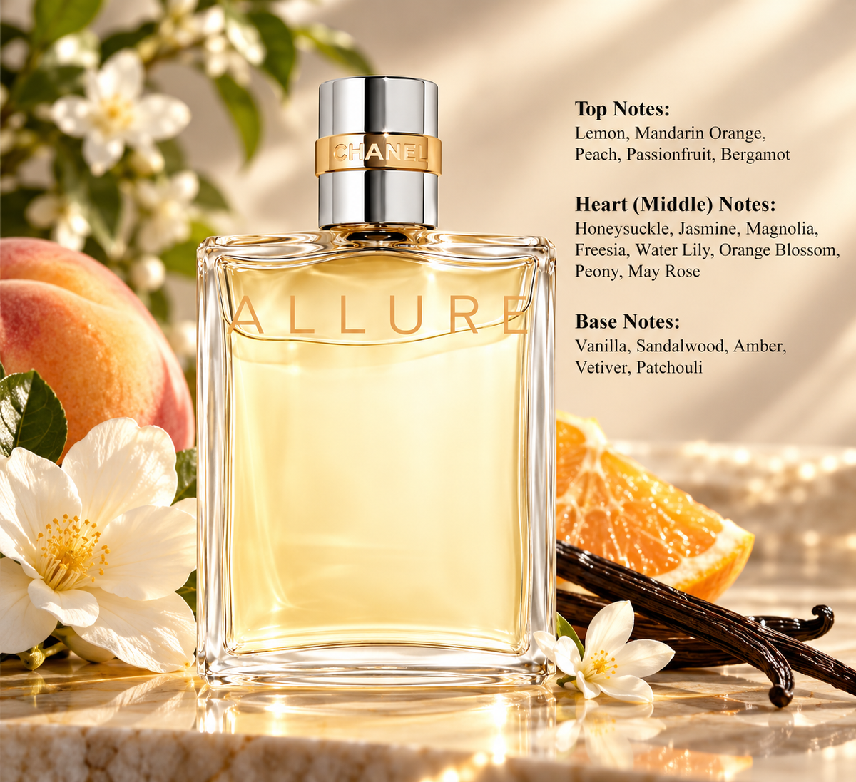 Chanel Allure Eau de Parfum for women, elegantly displayed with peach, mandarin orange, jasmine flowers and vanilla pods. A sophisticated fruity floral fragrance with warm sandalwood, amber and patchouli notes, presented against a luxurious golden beige background.