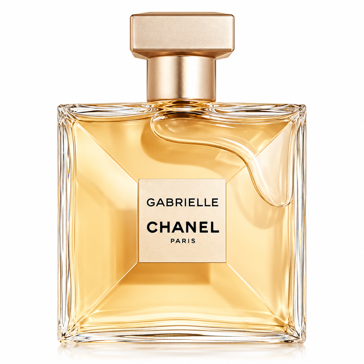 Chanel Gabrielle Eau de Parfum for women, featuring an elegant square transparent glass perfume bottle filled with golden fragrance, a luxurious champagne-gold cap and a centered Gabrielle Chanel Paris label, photographed against a pure white background.