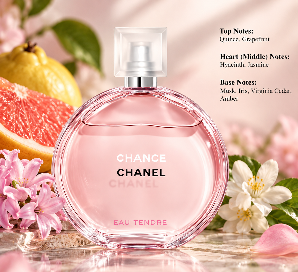 Chanel Chance Eau Tendre perfume in a delicate pink round bottle, surrounded by fresh quince, grapefruit, pink hyacinths and jasmine flowers. A refined floral fruity fragrance with soft musk, iris, Virginia cedar and amber, presented in an elegant pastel pink setting.