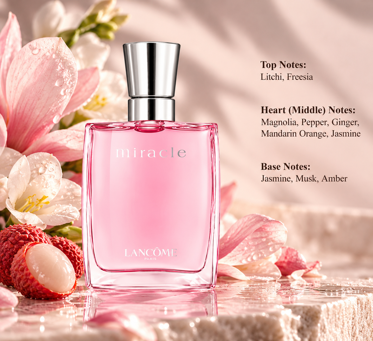 Lancôme Miracle Eau de Parfum for Women in a delicate pink glass bottle with a silver cap, displayed on elegant pink marble surrounded by lychee fruit, magnolia, freesia and jasmine flowers. A fresh floral fragrance featuring lychee, freesia, ginger, mandarin orange, musk and amber.