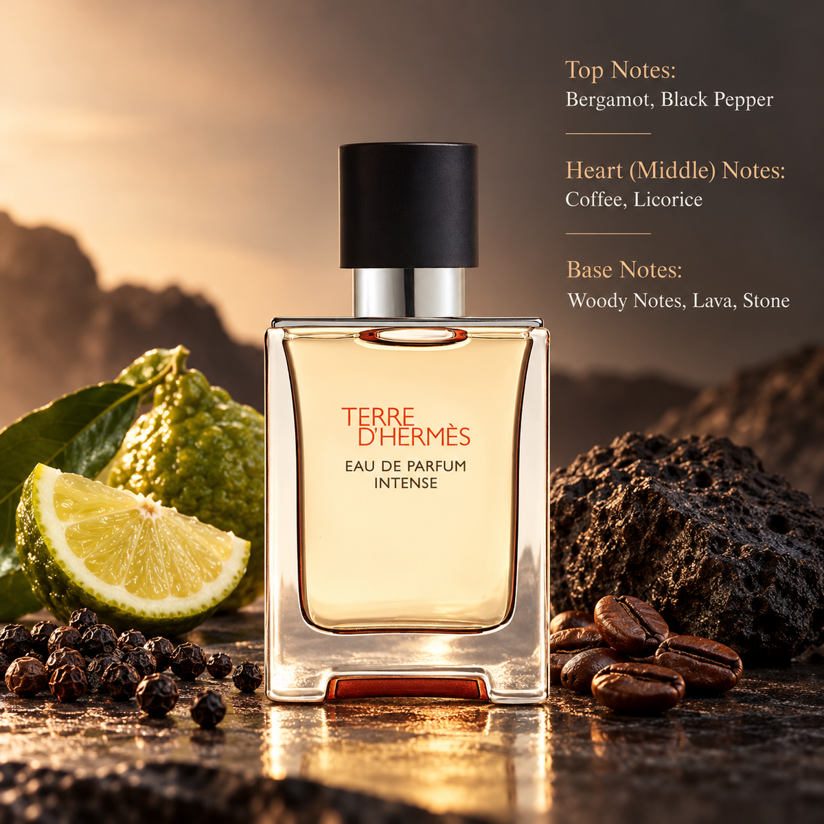Hermès Terre d’Hermès Eau de Parfum Intense for men, featuring an elegant amber perfume bottle with a black cap, surrounded by fresh bergamot, black peppercorns, roasted coffee beans and volcanic rocks. A luxurious masculine woody spicy fragrance with notes of bergamot, black pepper, coffee, licorice and mineral accords, presented against a warm, earthy background.