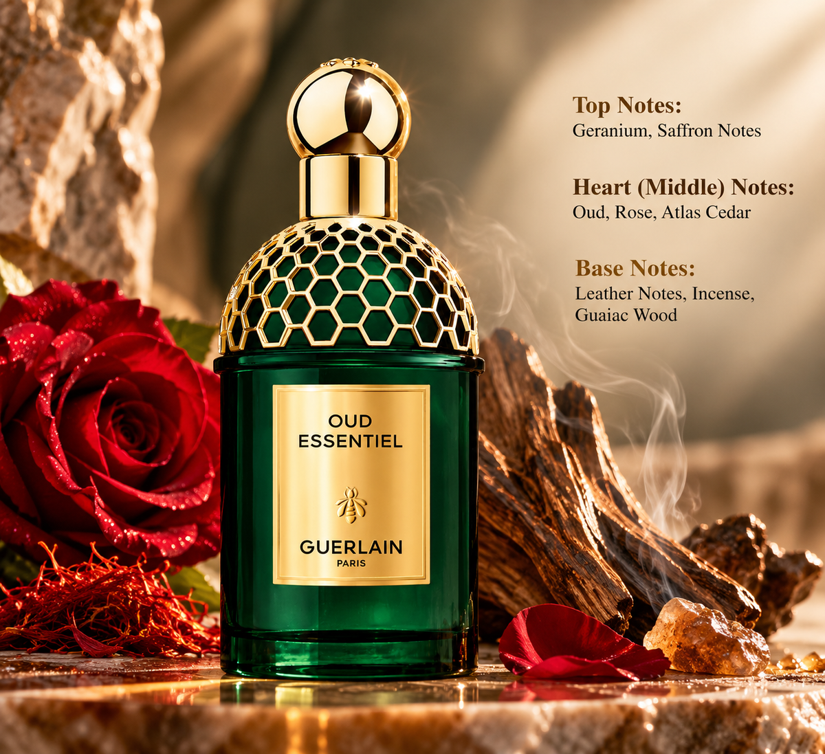 Guerlain Oud Essentiel Eau de Parfum in a luxurious emerald green bottle with an intricate gold cap, surrounded by red roses, saffron, smoky oud wood and incense. An elegant unisex fragrance with rich oud, rose, leather and woody notes, presented in a warm, sophisticated oriental setting.
