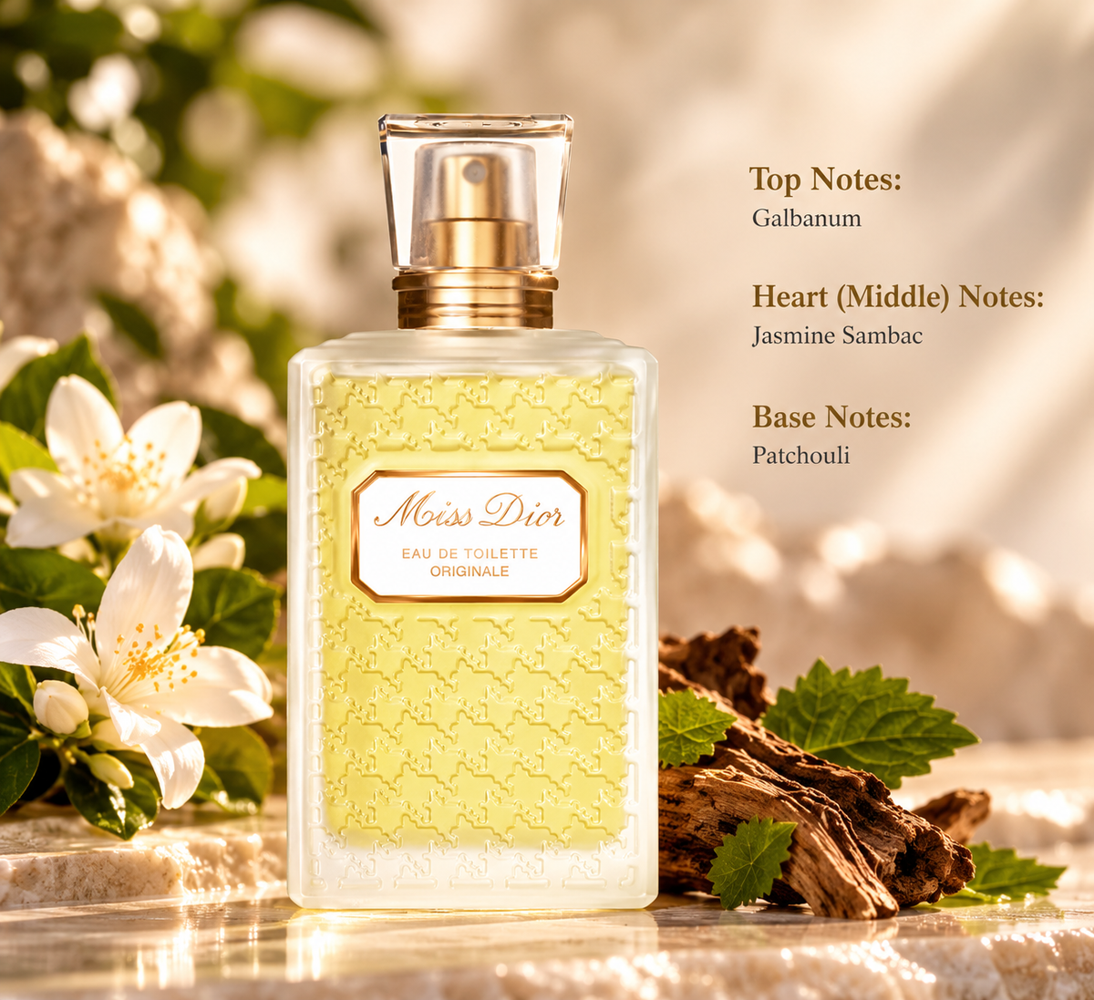 Dior Miss Dior Eau de Toilette Originale for women, featuring an elegant golden-yellow perfume bottle with textured glass and a transparent cap, surrounded by delicate white jasmine flowers, fresh green leaves and warm woody elements. A timeless floral chypre fragrance with galbanum top notes, jasmine sambac heart notes and a rich patchouli base, presented against a luxurious warm beige background.