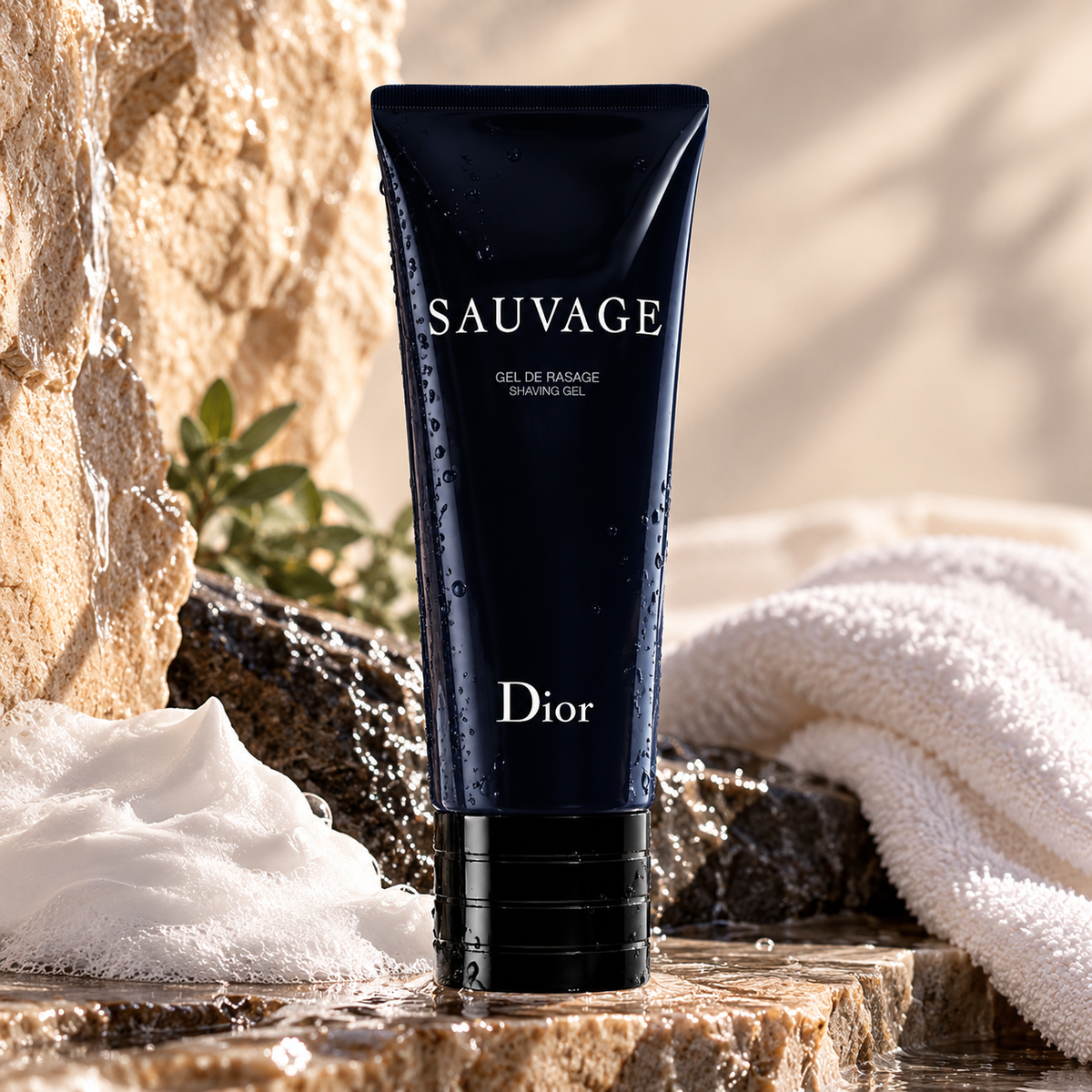 Dior Sauvage Shaving Gel for men in an elegant dark navy blue tube with white Sauvage and Dior lettering, displayed on natural stone with water droplets, rich shaving foam and a soft white towel. A luxurious men's grooming essential presented in a refined, spa-inspired setting.