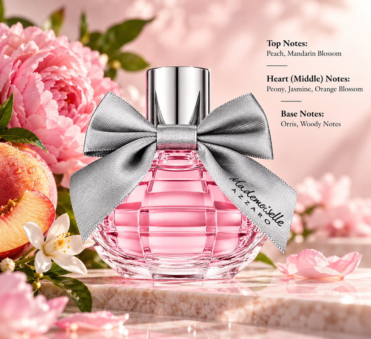 Azzaro Mademoiselle perfume bottle in an elegant soft pink setting with peach, peony and delicate white blossoms, reflecting its fruity-floral composition of mandarin blossom, jasmine, orange blossom, orris and woody notes.
