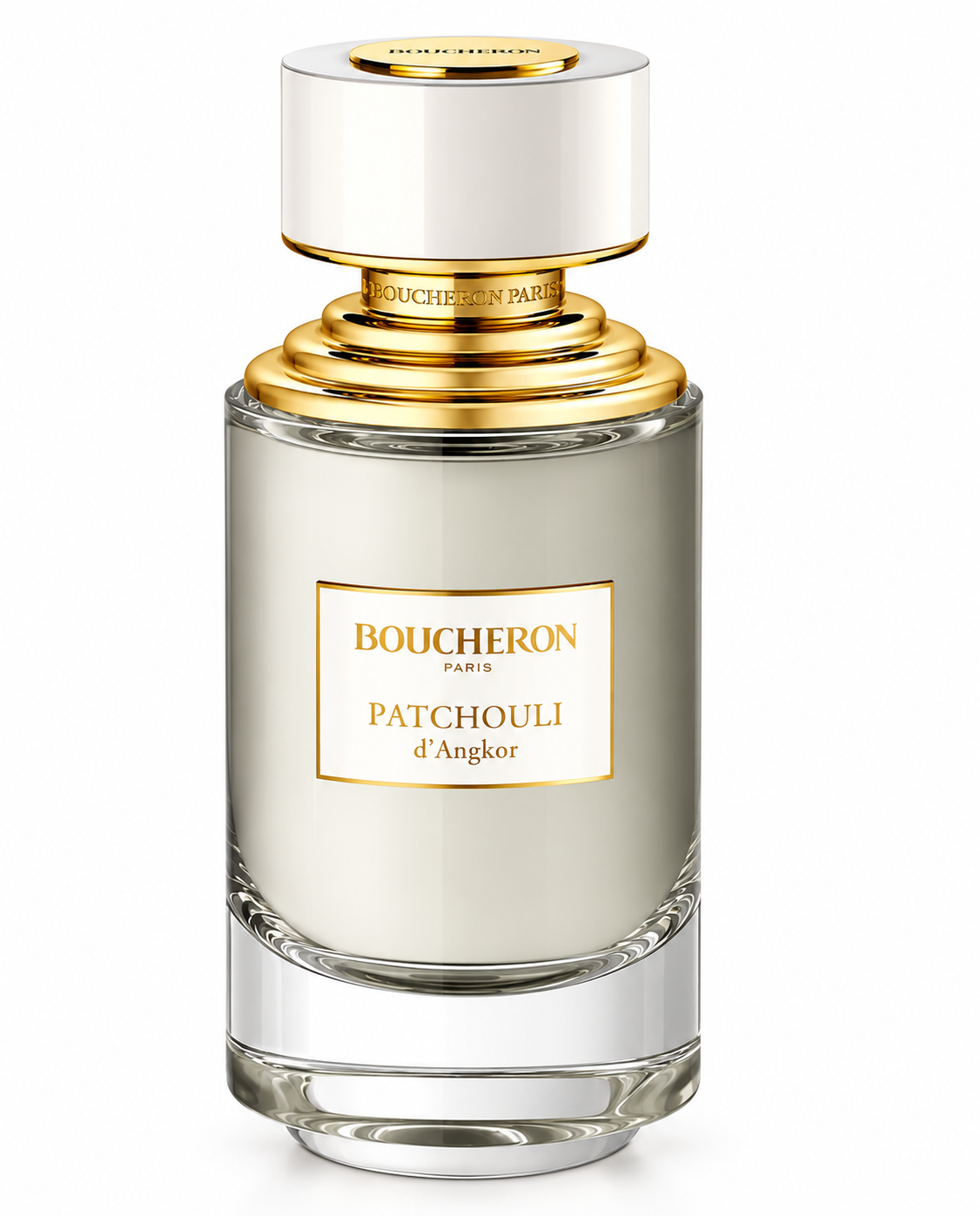 Boucheron Patchouli d’Angkor perfume bottle with smoky grey glass, elegant white cap and luxurious gold detailing, photographed on a clean white background.