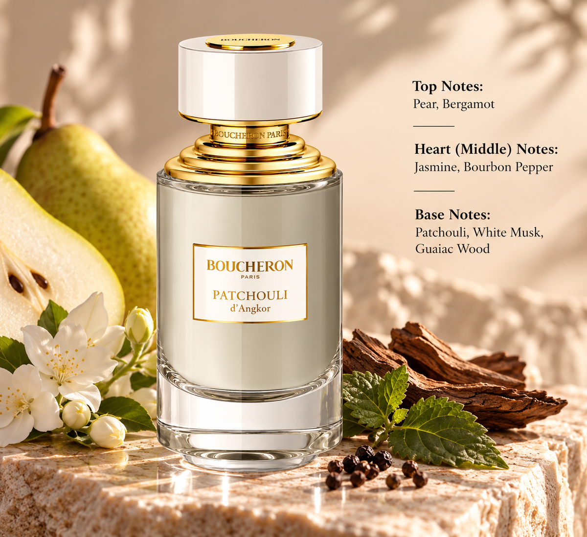 Boucheron Patchouli d’Angkor perfume bottle displayed with pear, jasmine, patchouli, pepper and warm woody elements, highlighting its refined fruity, floral, musky and woody fragrance profile.