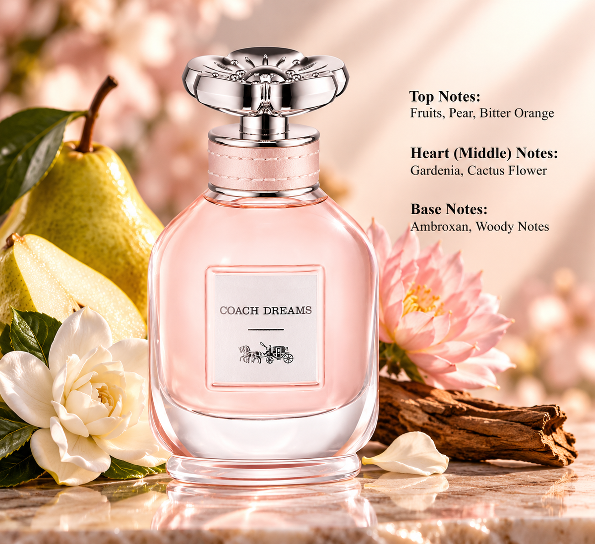 Coach Dreams Eau de Parfum for women, featuring an elegant pink glass perfume bottle with a silver floral cap, surrounded by fresh pears, delicate white gardenia flowers, pink blossoms and warm woods. A feminine fruity floral fragrance with bitter orange, cactus flower, ambroxan and woody notes, displayed against a soft, luxurious background.