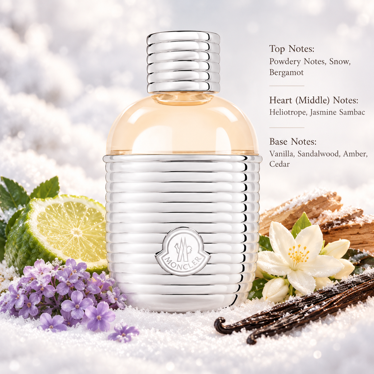 Moncler women's perfume in an elegant silver ribbed bottle with a soft peach-toned dome and signature Moncler logo, surrounded by fresh bergamot, delicate purple flowers, white jasmine blossoms, vanilla pods and snowy accents. A luxurious powdery floral fragrance with heliotrope, sandalwood, amber and cedar notes in a refined winter setting.