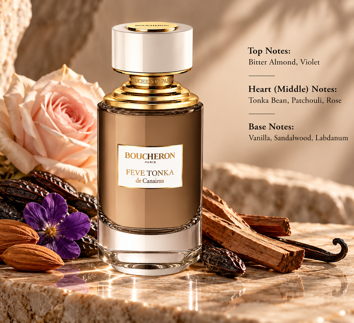 Boucheron Fève Tonka de Canaima perfume bottle surrounded by tonka beans, bitter almond, violet, rose, vanilla and sandalwood elements, highlighting its warm, creamy and sophisticated fragrance profile.