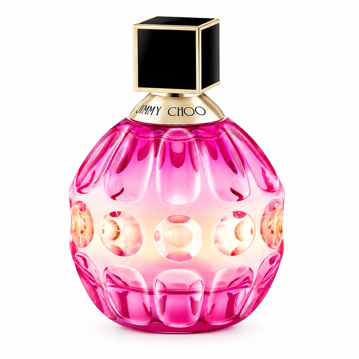Jimmy Choo Rose Passion women's perfume in a vibrant pink and soft peach gradient glass bottle with elegant rounded detailing, a luxurious black square cap with gold trim and a gold collar featuring the Jimmy Choo logo. A feminine floral fragrance with frangipani, jasmine, coconut milk, orchid, vanilla and sandalwood notes, displayed on a pure white background.