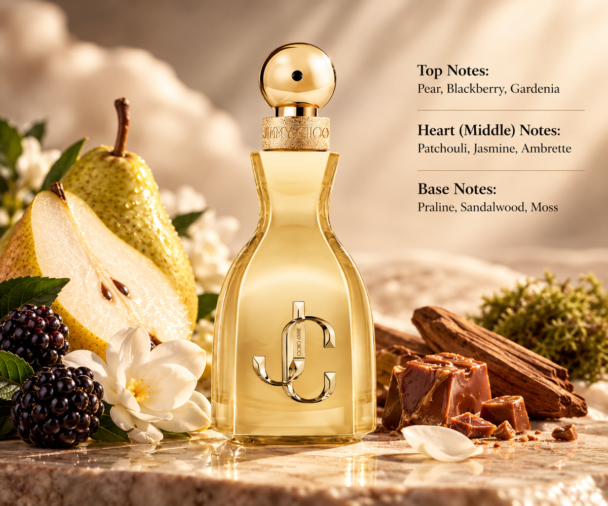 Jimmy Choo I Want Choo Le Parfum in an elegant golden glass bottle with a gold spherical cap and signature JC logo, surrounded by juicy pears, blackberries, white jasmine flowers, praline and sandalwood, reflecting its luxurious fruity, floral and woody gourmand fragrance.
