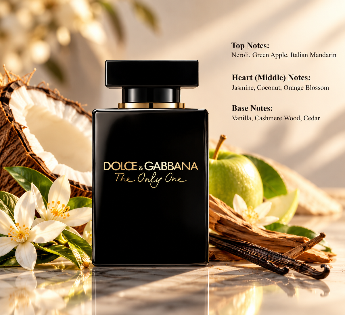 Dolce & Gabbana The Only One Eau de Parfum for women, featuring a luxurious black perfume bottle with gold lettering, surrounded by coconut, green apple, white jasmine flowers and vanilla pods. A sophisticated floral woody fragrance with neroli, Italian mandarin, orange blossom, cashmere wood and cedar notes, presented against a warm beige background.