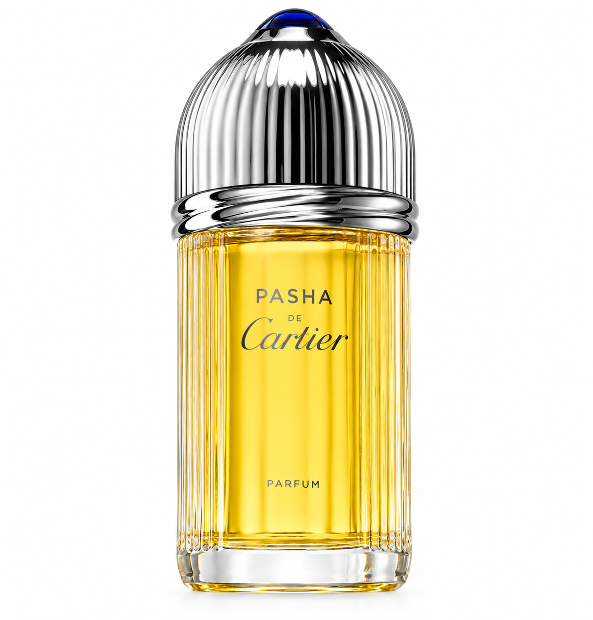 Cartier Pasha de Cartier Parfum bottle with golden fragrance, ribbed glass and polished silver cap, photographed on a clean white background.