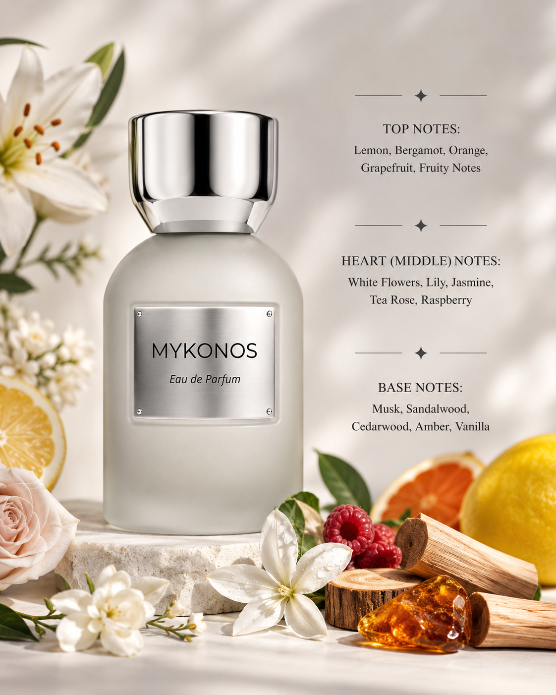 Mykonos Slow Living Eau de Parfum displayed among fresh lemon, bergamot, grapefruit, orange, delicate white lilies, jasmine, tea rose, raspberries, sandalwood, cedarwood, amber resin and vanilla pods, creating a calm and refined composition that reflects its sparkling citrus opening, elegant floral heart and soft woody-musky base.