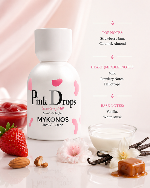 Mykonos Pink Drops perfume with strawberry jam, caramel, almond, creamy milk, vanilla and white musk