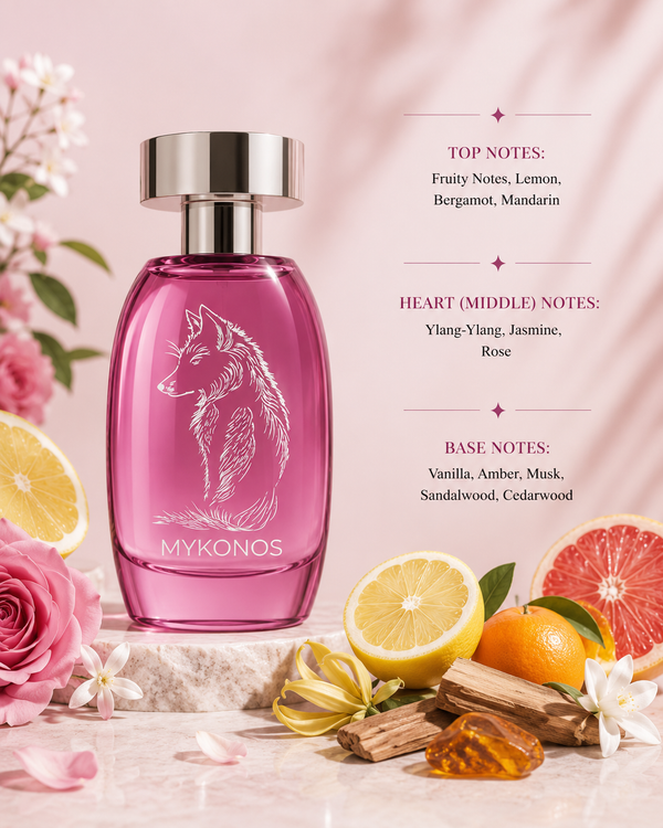 Mykonos Silent Whisper perfume with citrus fruits, roses, jasmine, ylang-ylang, vanilla and woods