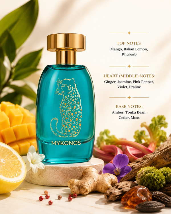 Mykonos Dreamscape perfume with mango, lemon, rhubarb, ginger, florals and warm woods
