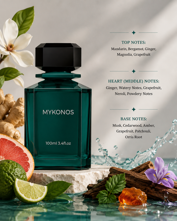 Mykonos Sorrento perfume with mandarin, bergamot, grapefruit, ginger, magnolia, neroli, watery notes and woods