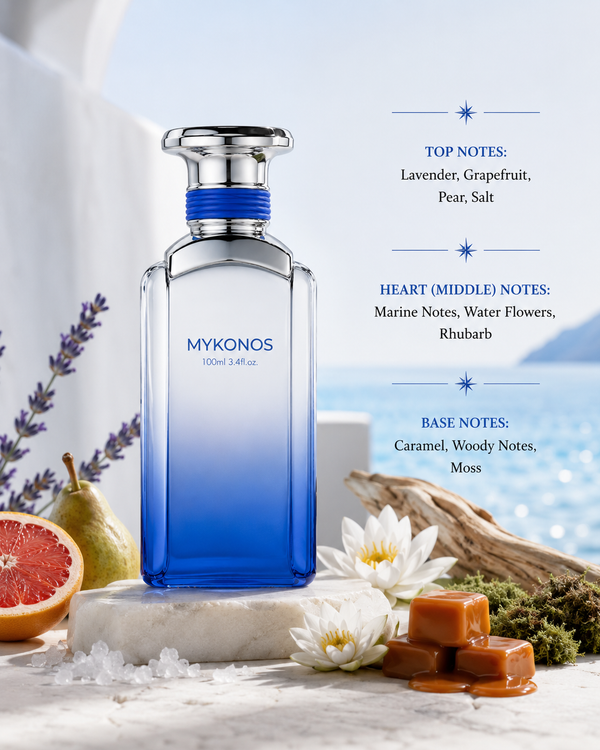 Mykonos California Blue perfume with grapefruit, pear, lavender, sea salt and aquatic notes