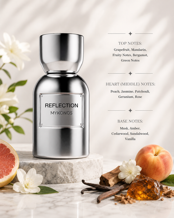 Mykonos Reflection perfume with grapefruit, mandarin, peach, jasmine, vanilla, sandalwood, cedarwood and amber