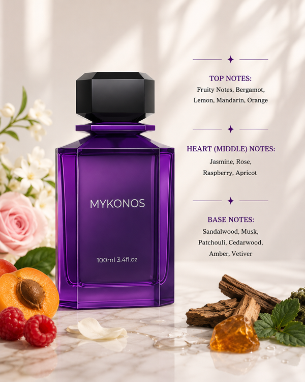 Mykonos Penthouse perfume with citrus fruits, raspberry, apricot, rose, amber and woods