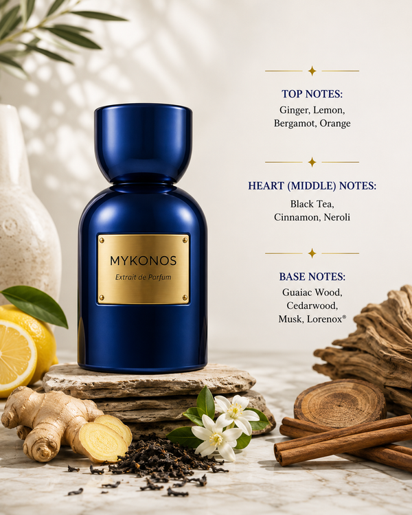 Mykonos Inception perfume with ginger, lemon, bergamot, orange, black tea, cinnamon, neroli and refined woods