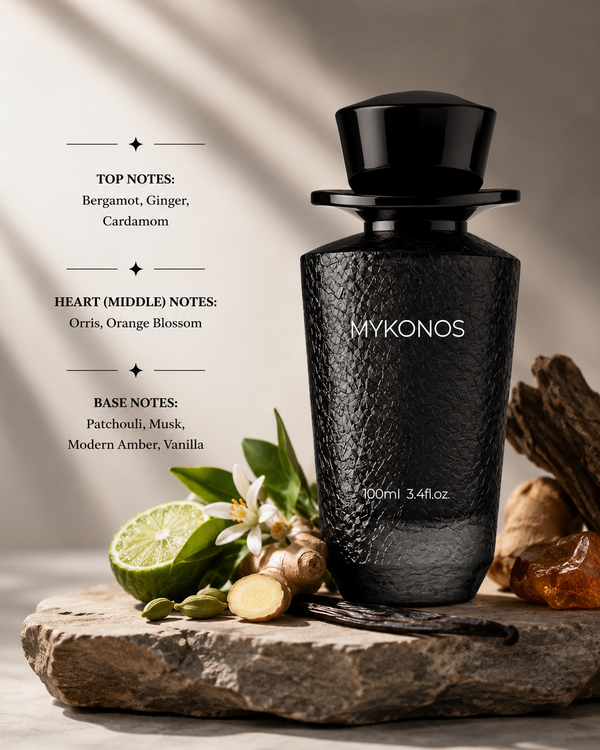 Mykonos Conquer perfume with bergamot, ginger, cardamom, orange blossom, vanilla, amber, patchouli and musk