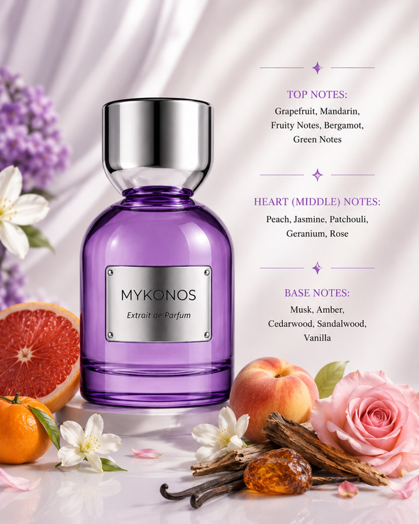 Mykonos Reflection Elixir perfume in a luminous floral and citrus-inspired setting