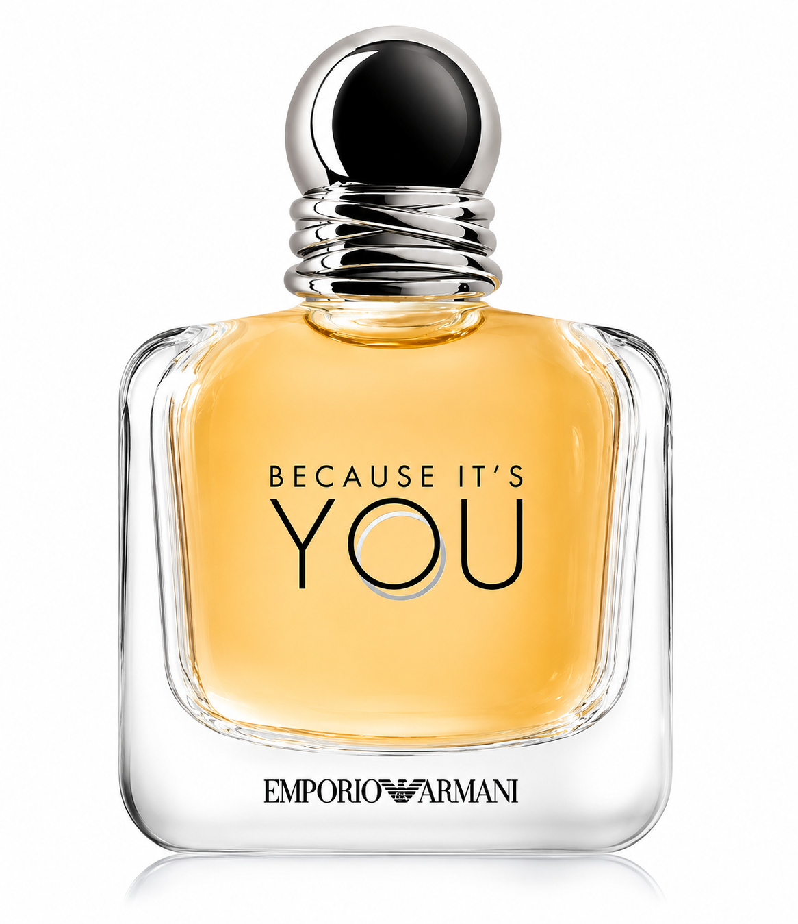 Emporio Armani Because It's You Eau de Toilette perfume bottle, featuring a clear glass body filled with golden-yellow liquid, a silver metallic neck, and a black spherical cap, set against a plain white background.