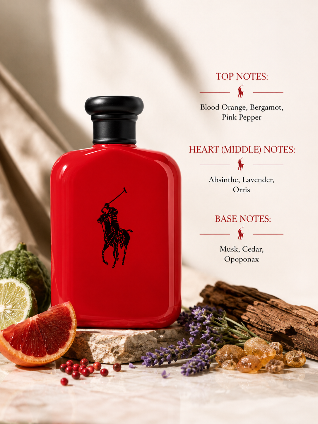 Ralph Lauren Polo Red Eau de Parfum displayed on a warm natural stone surface in soft golden sunlight, surrounded by freshly sliced blood orange, bergamot, pink peppercorns, aromatic lavender sprigs, absinthe herbs, iris flowers, cedarwood, golden opoponax resin and subtle white musk-inspired textures. The scene features warm botanical shadows and rich woody accents, creating an energetic yet sophisticated atmosphere that perfectly reflects the fragrance's bold, fresh and sensual character. 