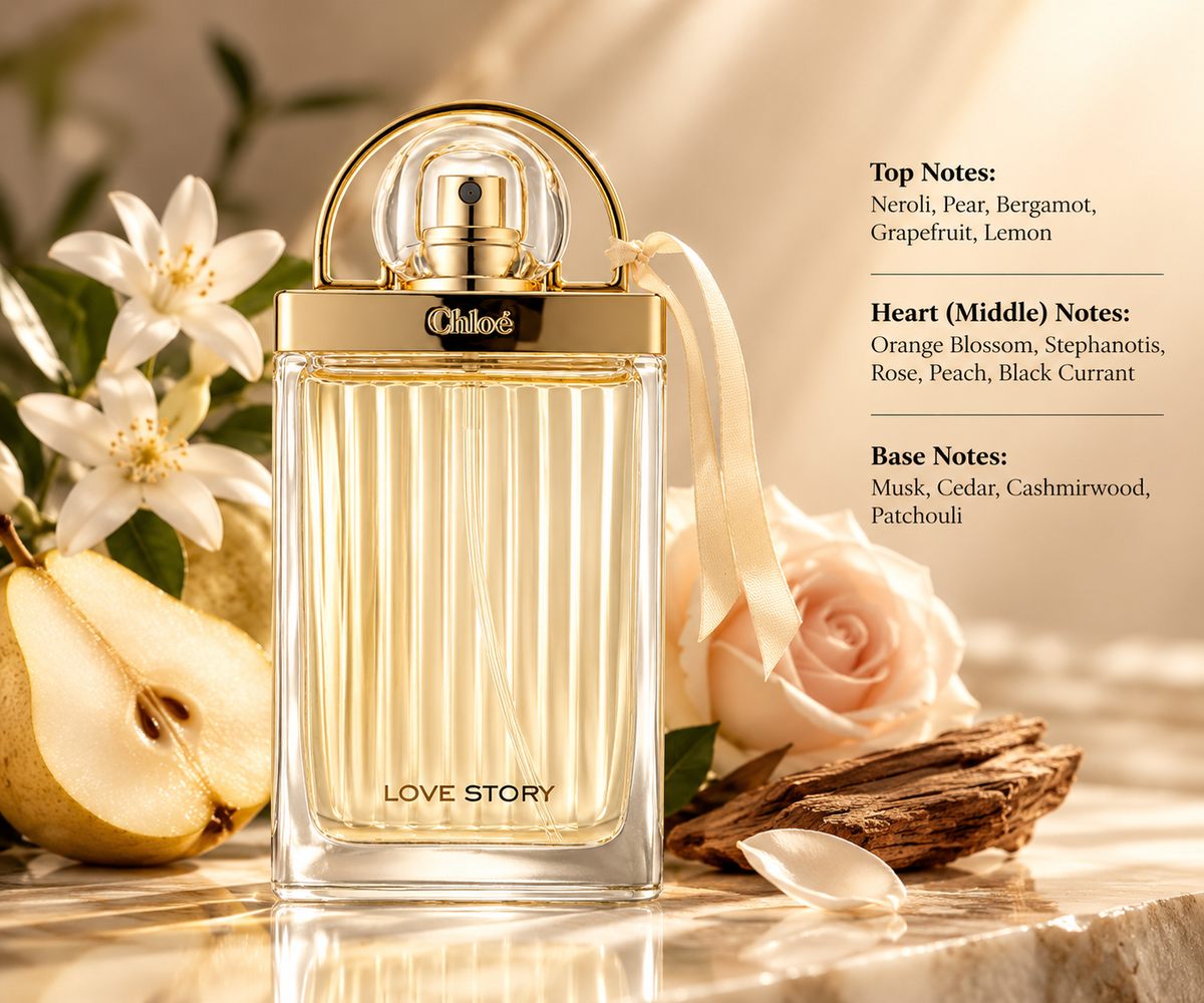 Chloé Love Story perfume bottle displayed with pear, neroli-inspired white blossoms, soft rose and cedarwood elements in a warm, elegant setting reflecting its fresh floral and woody fragrance profile.