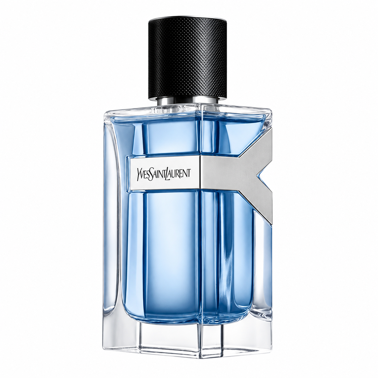 Yves Saint Laurent Y Eau de Toilette bottle featuring its transparent blue glass design with the signature silver Y detail and textured black cap, isolated on a clean white background.