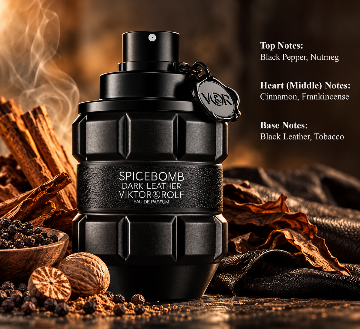 Viktor & Rolf Spicebomb Dark Leather Eau de Parfum for men in a bold matte black grenade-shaped bottle, surrounded by black pepper, nutmeg, cinnamon, tobacco leaves and dark leather. A powerful masculine fragrance with warm spices, smoky frankincense, rich leather and tobacco notes.