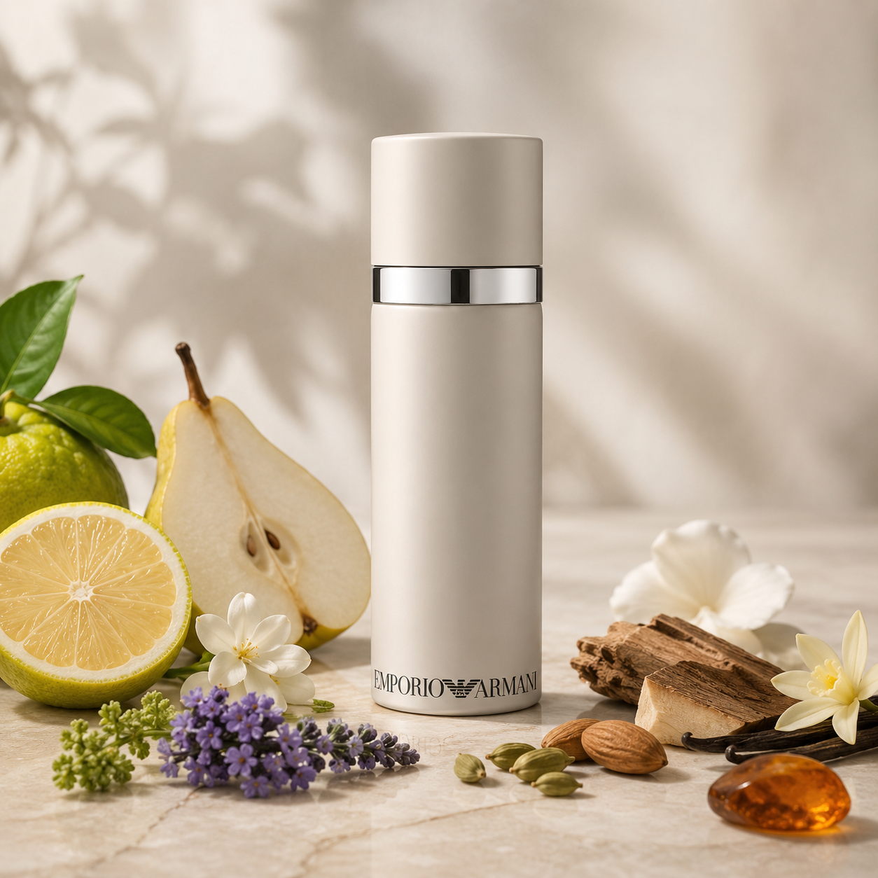 White cylindrical container with silver band on a wooden surface with fruits, flowers, and spices.