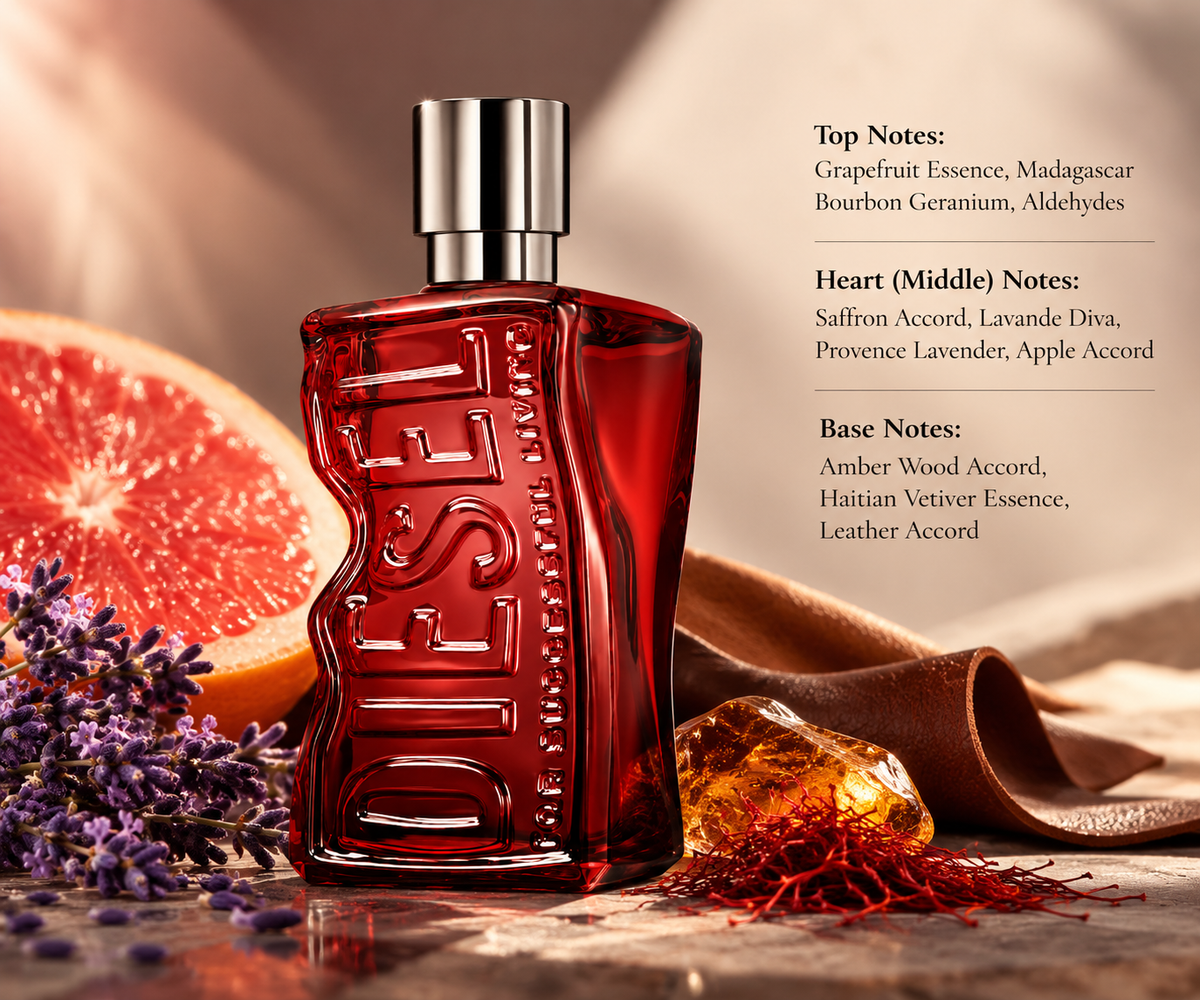 Diesel D by Diesel perfume presented with grapefruit, lavender, saffron, amber and leather elements in a warm masculine setting, highlighting its aromatic, woody and leathery fragrance profile.