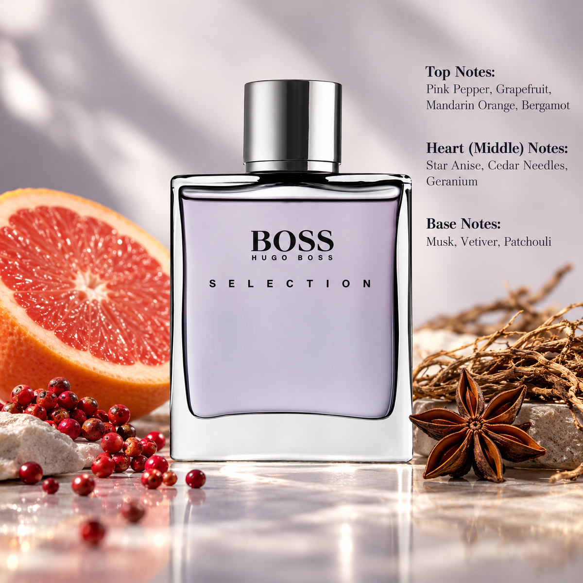 Hugo Boss Boss Selection men's fragrance in an elegant rectangular glass bottle with a silver cap and soft lavender-grey tones. Surrounded by fresh grapefruit, pink peppercorns, star anise and vetiver roots on a refined neutral background. A sophisticated masculine woody aromatic perfume with citrus, spicy and musky notes.