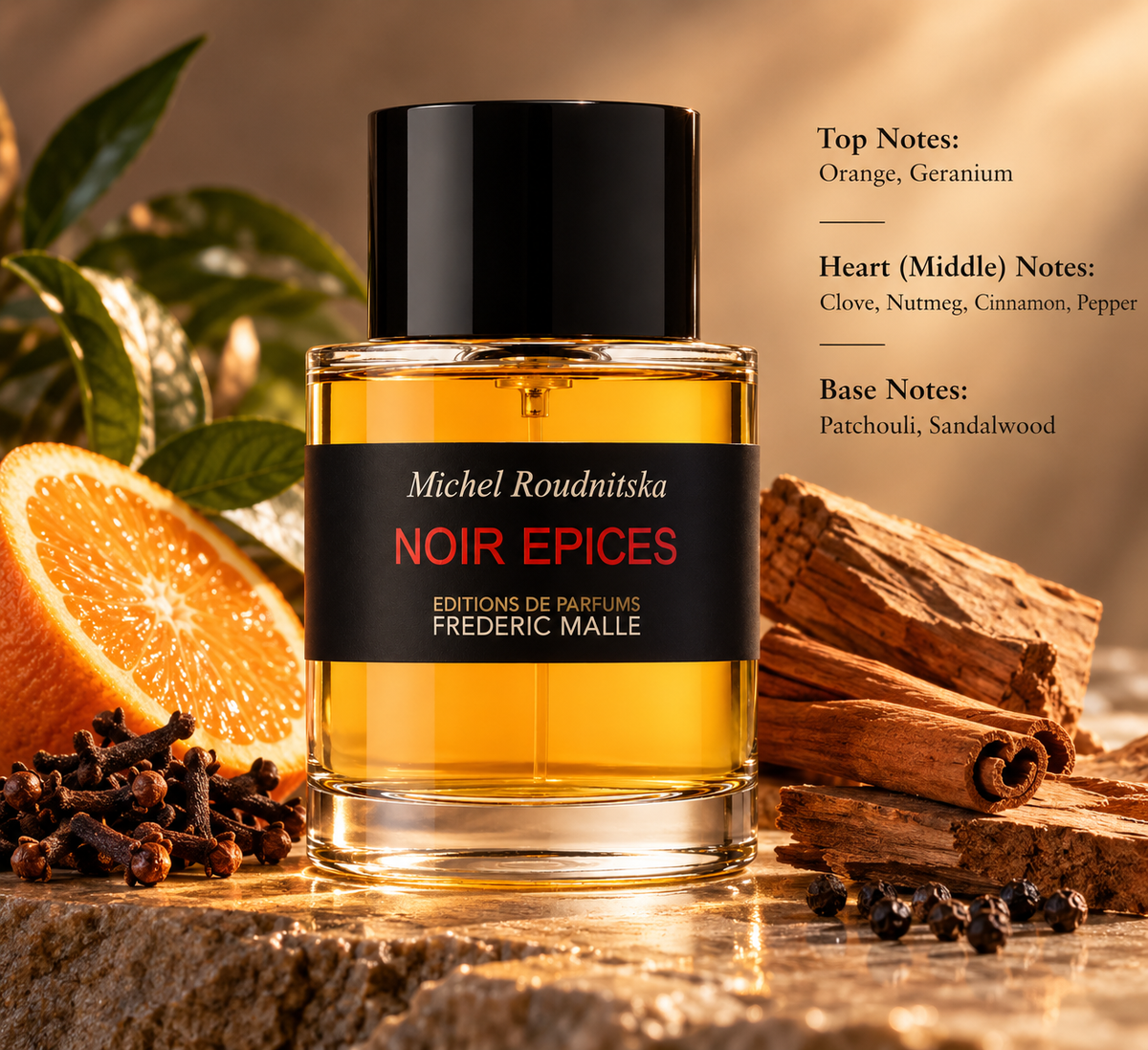 Frédéric Malle Noir Epices by Michel Roudnitska perfume bottle in a warm elegant setting with orange, cloves, cinnamon, black pepper and rich woody accents, reflecting its spicy, citrus and sophisticated woody fragrance profile.