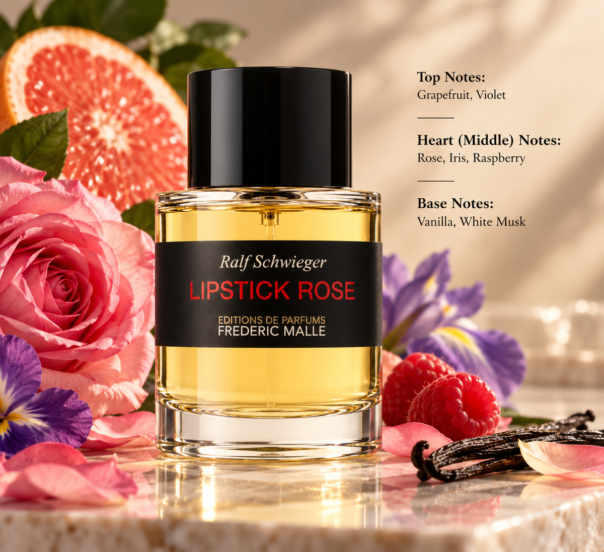 Frédéric Malle Lipstick Rose by Ralf Schwieger perfume bottle in an elegant floral setting with pink roses, violet, raspberry, grapefruit and vanilla accents, reflecting its powdery, floral, fruity and softly musky fragrance profile.