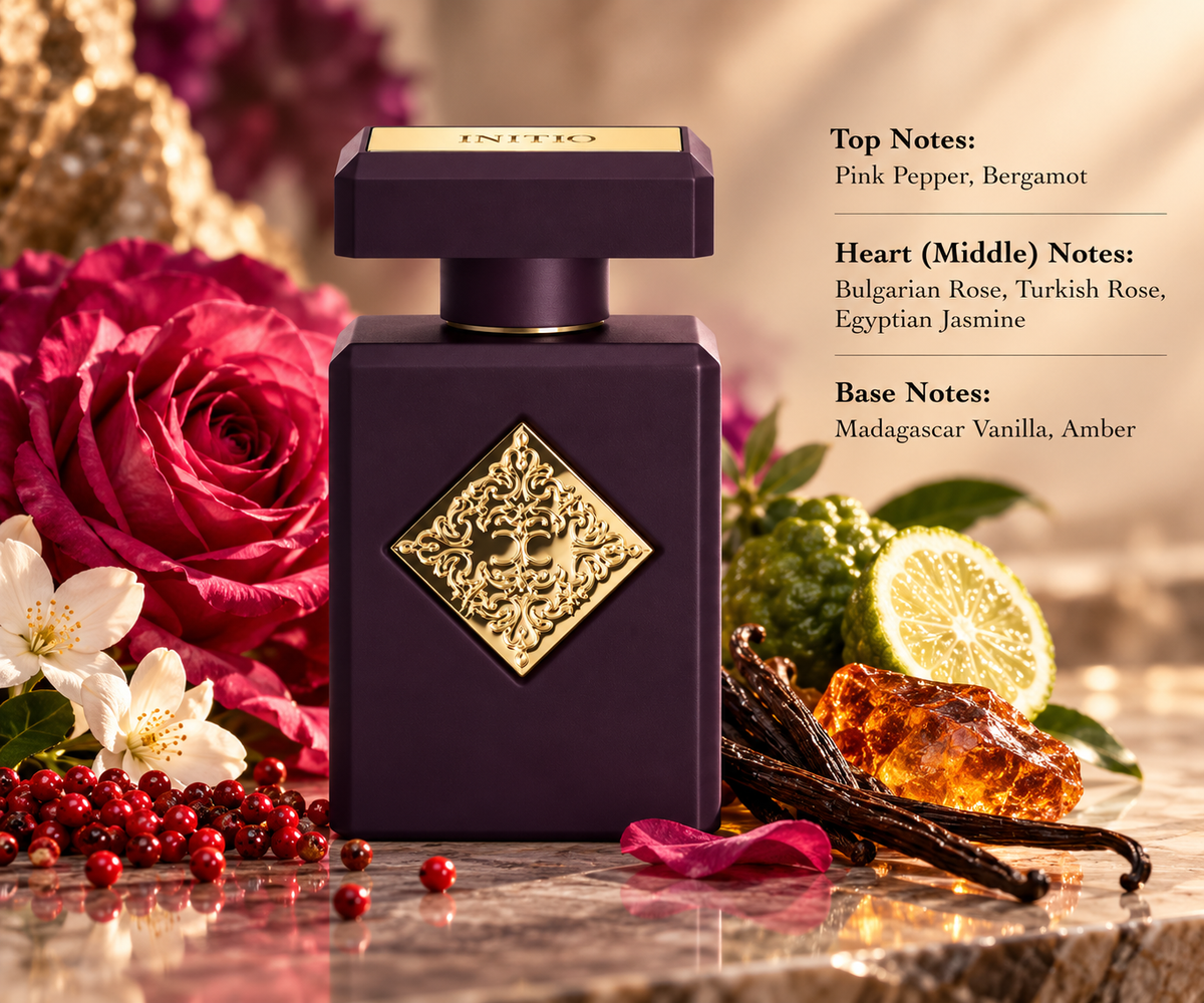 Luxury perfume in a deep purple bottle with intricate gold detailing, surrounded by pink roses, bergamot, pink peppercorns, jasmine, amber and vanilla, elegantly presented on warm marble with soft golden lighting, highlighting its rich floral, spicy and amber fragrance.