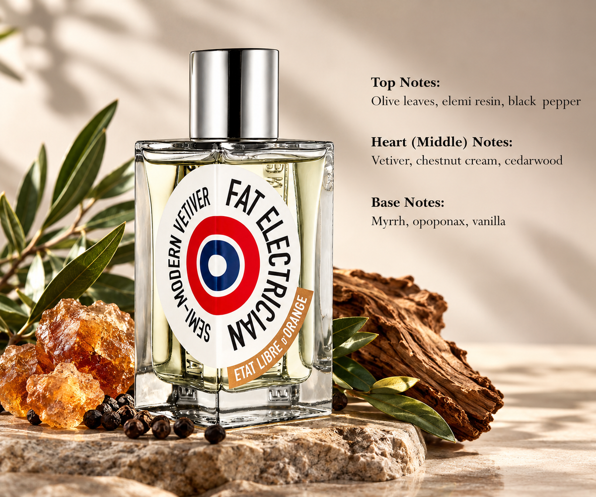 Etat Libre d’Orange Fat Electrician Semi-Modern Vetiver Eau de Parfum in a clear rectangular glass bottle with a silver cap and distinctive circular label, surrounded by olive leaves, golden resin, black peppercorns and warm woods. A sophisticated woody oriental fragrance with vetiver, creamy chestnut and vanilla, presented in an elegant sunlit setting.