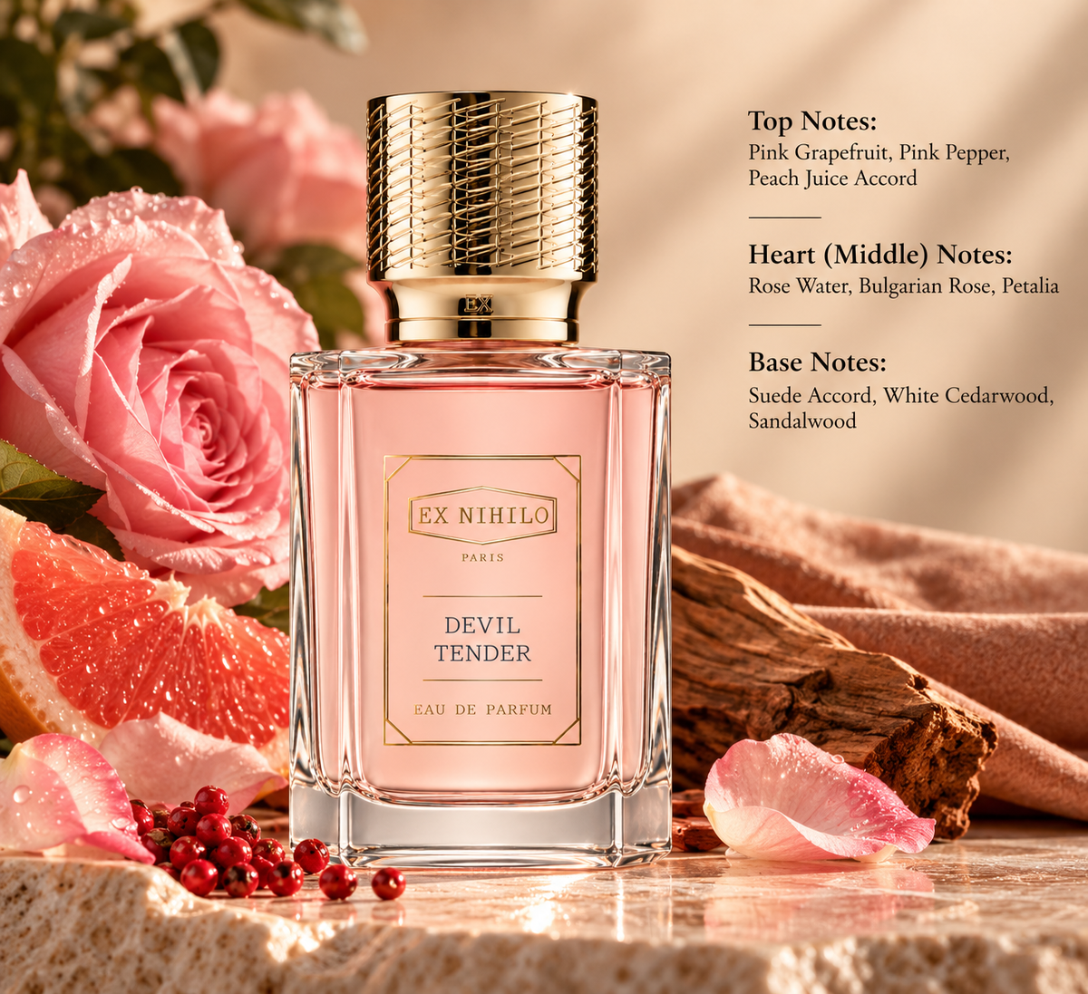 Ex Nihilo Devil Tender Eau de Parfum bottle in an elegant warm setting with pink roses, grapefruit, pink pepper and woody accents, reflecting its floral, fruity, spicy and softly woody fragrance profile.