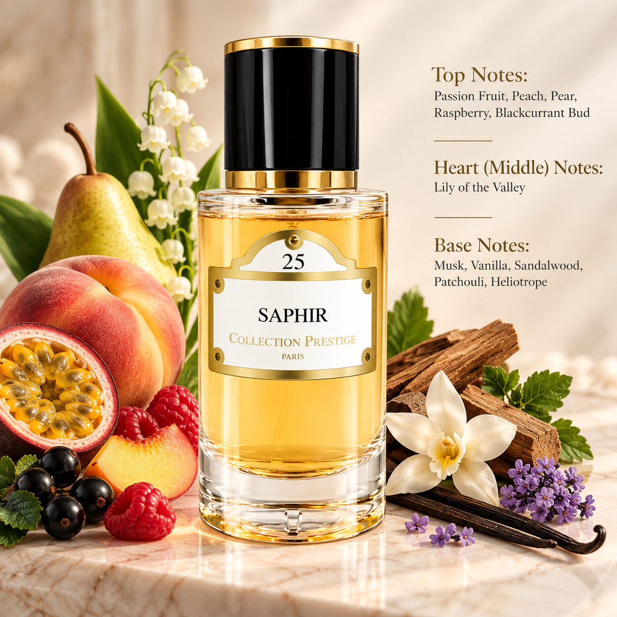 Collection Prestige Saphir No.25 50ml displayed in a sophisticated fruity and floral composition with passion fruit, peach, pear, raspberry, blackcurrant, lily of the valley, vanilla, sandalwood and musk elements, reflecting its lush fruity, creamy floral and warm woody character.