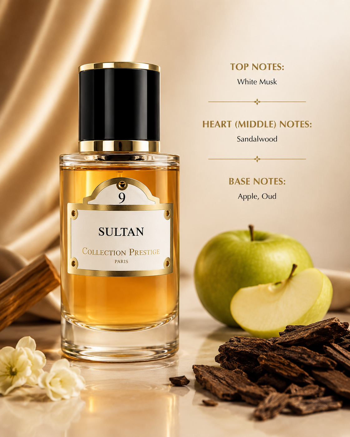 A bottle of Sultan Collection Prestige Paris perfume with amber liquid, a black cap with gold trim, and a cream label, styled with a green apple, chocolate pieces, and white flowers on a beige surface with text detailing the fragrance notes.