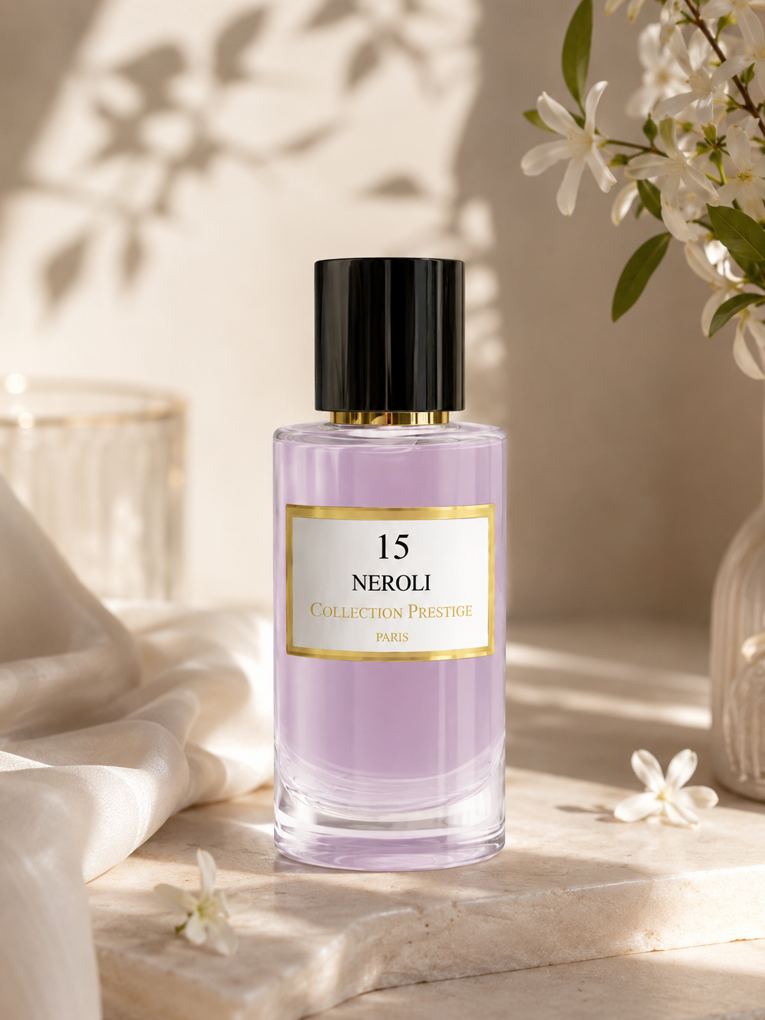 Collection Prestige Neroli Eau de Parfum displayed with delicate white neroli blossoms in a bright setting.